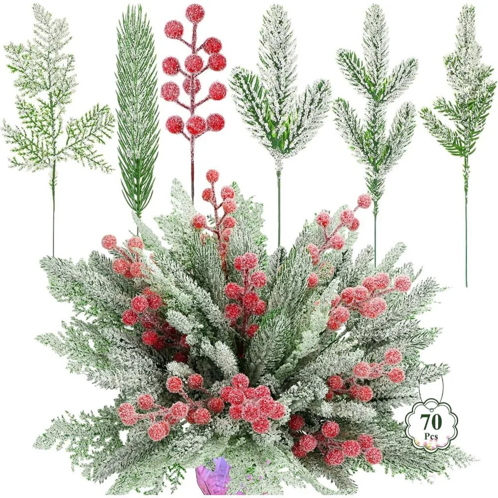 Versatile 70PCS Christmas Artificial Pine Branches with Red Berries for Crafts